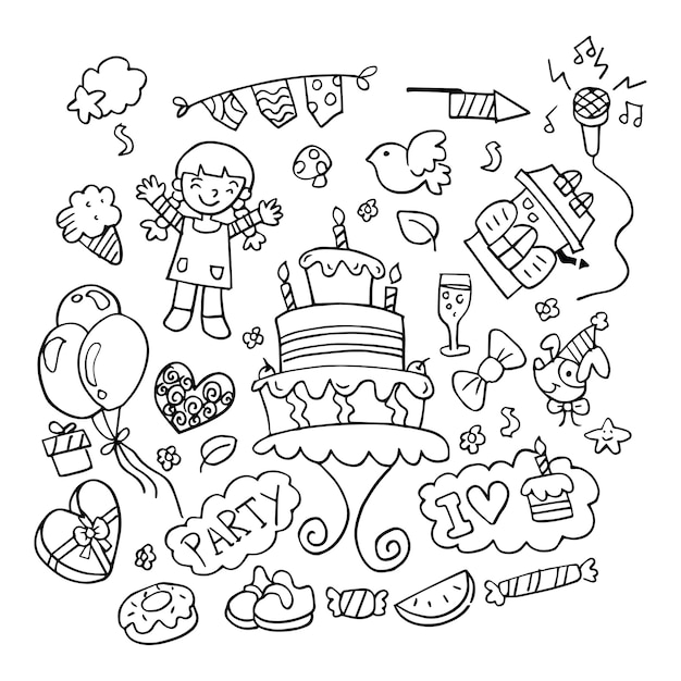 Doodle elementos de cumpleaños