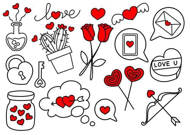 Doodle de elementos del día de San Valentín dibujado a mano alzada. Vector Premium