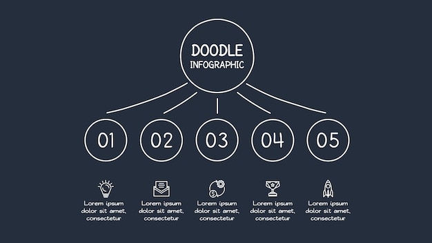 Vector doodle elementos infográficos con 5 opciones plantilla para la web en un fondo oscuro