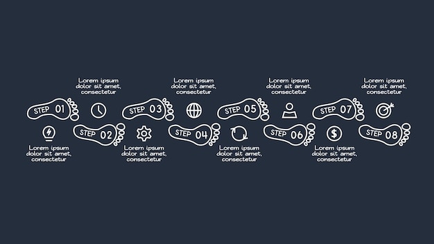 Doodle elementos infográficos con 8 opciones plantilla para la web en un fondo oscuro