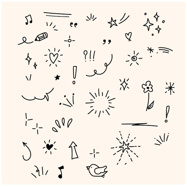 Doodle elementos de línea de pluma de brillo lindo Doodle corazón flecha estrella brillo decoración símbolo conjunto icono