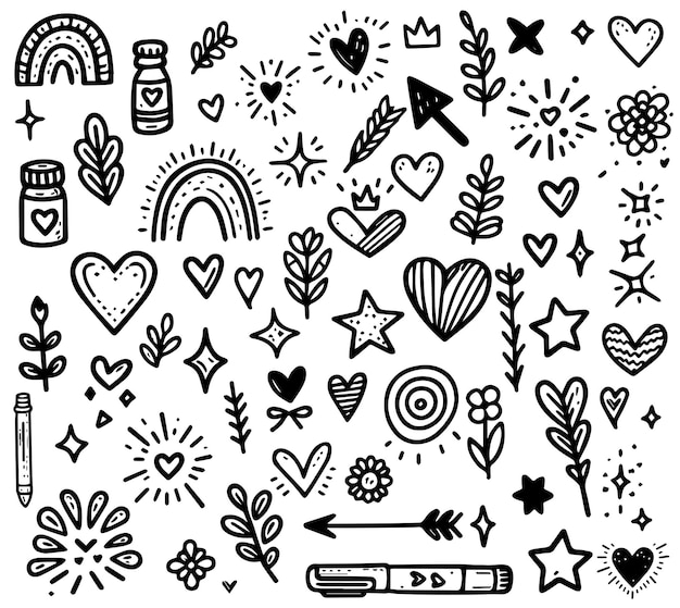 Doodle elementos de línea de pluma de brillo lindo Doodle corazón flecha estrella brillo decoración símbolo conjunto icono