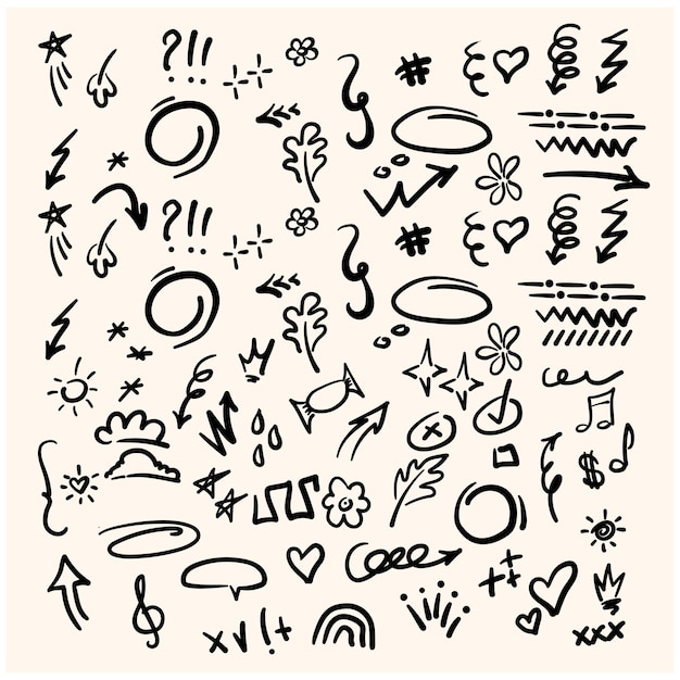 Doodle elementos de línea de pluma de brillo lindo con estilo de ilustración doodle y arte de línea