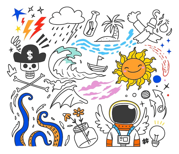 Doodle elementos piratas y astronautas.