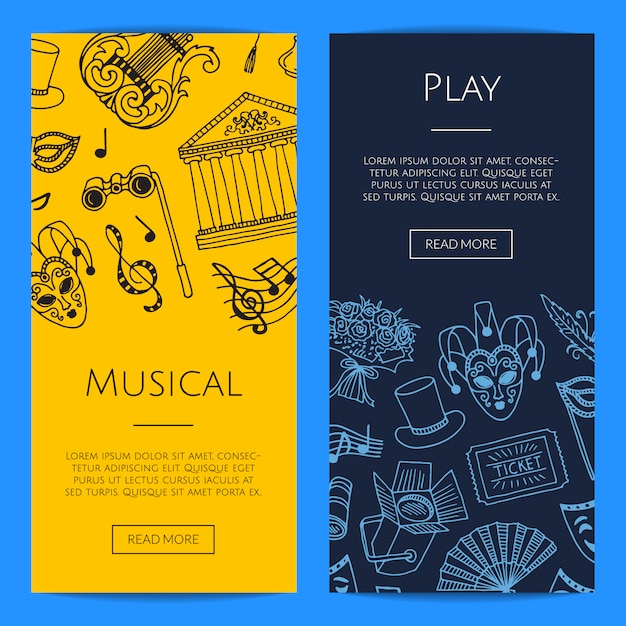 doodle elementos de teatro vertical web banners concepto ilustración