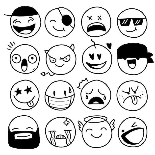 Doodle emoji colección de iconos de cara diseño de boceto dibujado a mano emojis con varios estados de ánimo, incluyendo caras felices, tristes y sonrientes, ilustración de líneas de cómic