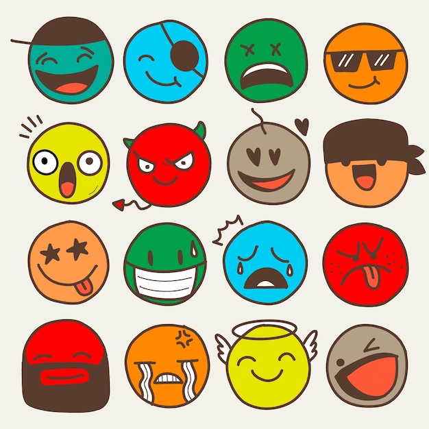 Doodle Emoji colección de iconos de cara diseño de boceto dibujado a mano Emojis con varios estados de ánimo, incluyendo caras felices, tristes y sonrientes, ilustración de líneas de cómic