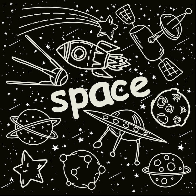 Doodle espacial increíblemente interesante y lindo. Hermosa impresión de papel tapiz y ropa en vector