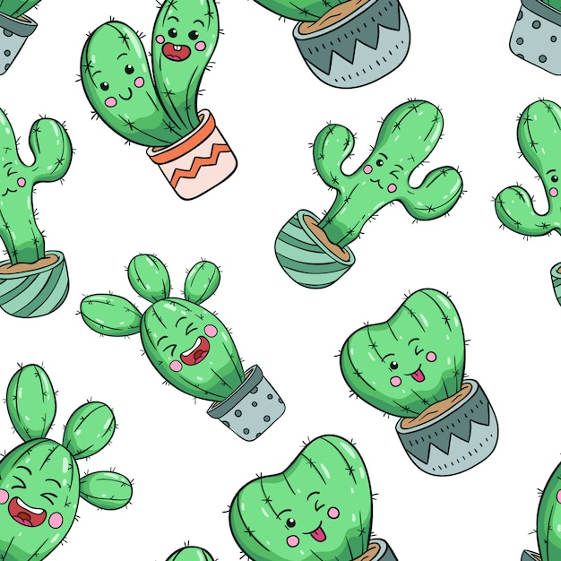 Doodle estilo de cactus kawaii en patrones sin fisuras con cara bonita