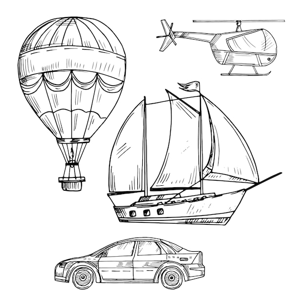 Doodle estilo dibujo conjunto de vectores de transporte terrestre, aéreo y marítimo