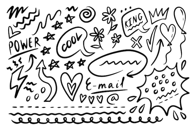 Doodle estilo Grunge Corazones estrellas líneas y flechas Resaltar elementos de texto Ilustración vectorial