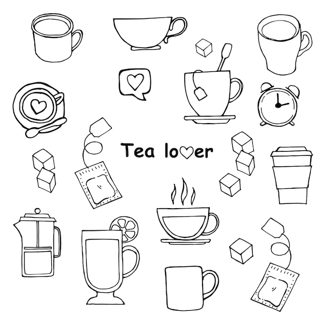 Doodle estilo ilustración vectorial té simple dibujos a mano tazas bolsas de té azúcar una prensa francesa