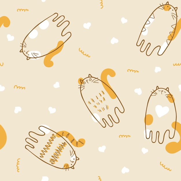 Doodle estilo vector patrón sin costuras de lindos gatitos y corazones blancos Perfecto para telas textiles e impresiones Ilustración dibujada a mano para decoración y diseño