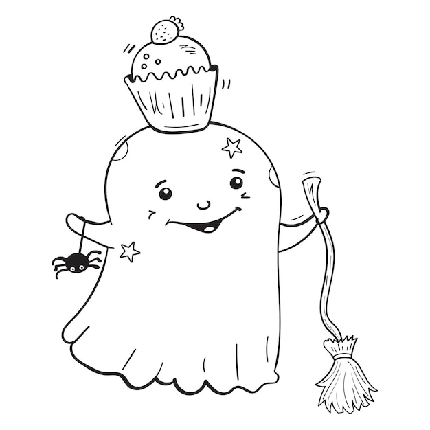 Doodle fantasma con una escoba de bruja y una magdalena dulce