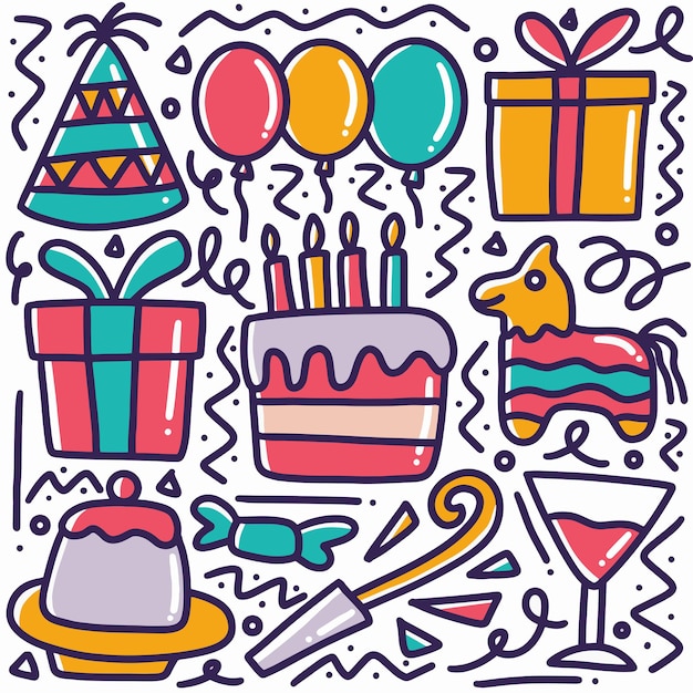 Doodle de fiesta de cumpleaños dibujado a mano con iconos y elementos de diseño