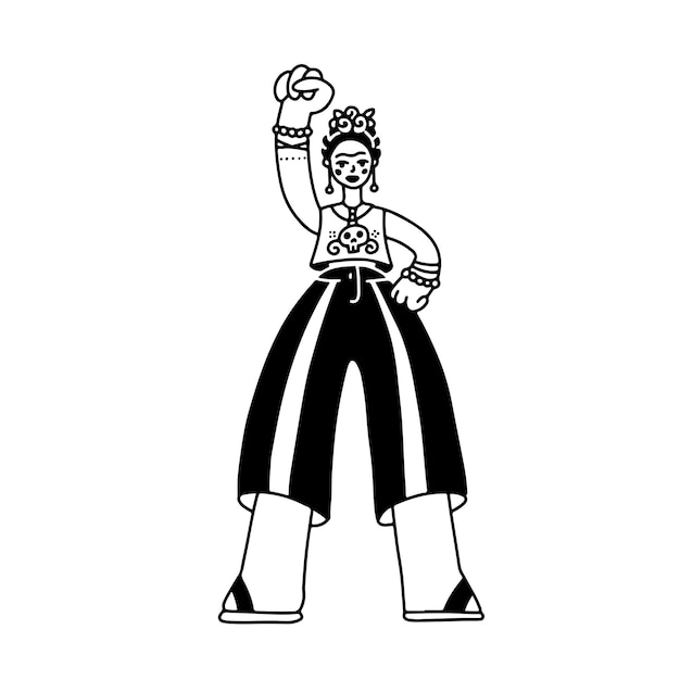 Doodle figura femenina de cuerpo entero con un puño levantado frida caricatura concepto niña poewr símbolo lineal