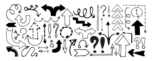 Doodle flechas, signos de exclamación y signos de interrogación aislados sobre fondo blanco. Ilustración vectorial
