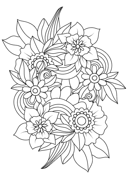 doodle de flores dibujadas a mano sobre fondo blanco para adultos libro para colorear