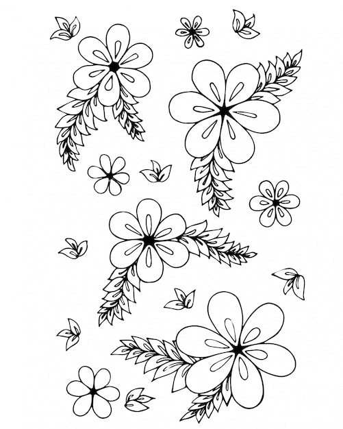 Vector doodle de flores y hojas de dibujo