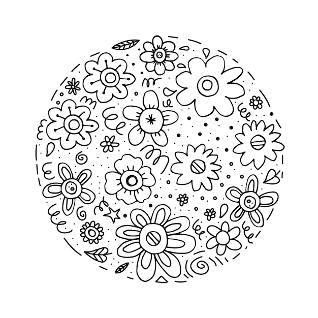 Doodle flores negras en forma de círculo sobre un fondo blanco.