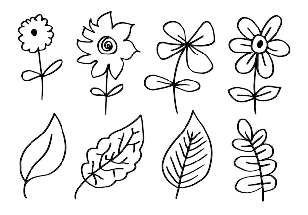 Doodle de flores y ramas de elementos florales negros dibujados a mano
