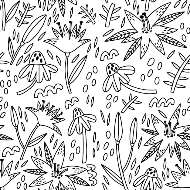 Vector doodle flores silvestres lirio manzanilla de patrones sin fisuras