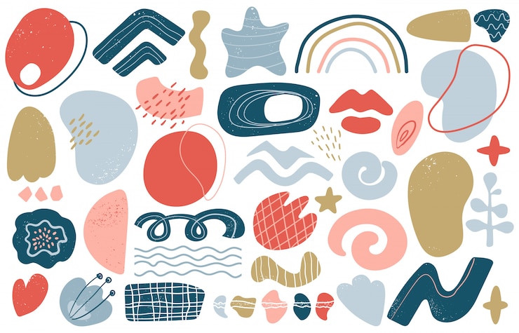 Vector doodle de formas abstractas. formas texturizadas modernas de moda dibujadas a mano, sello de arte contemporáneo, conjunto de ilustración de elementos gráficos de doodle. colección de formas modernas de garabatos
