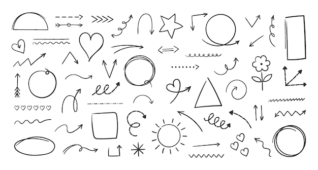 Doodle formas dibujadas a mano Marcador flechas de pincel artístico a mano alzada Señales de dirección gráficas a lápiz Formas geométricas Esbozo de contorno de símbolos de corazón y sol Conjunto de elementos de tiza vectorial