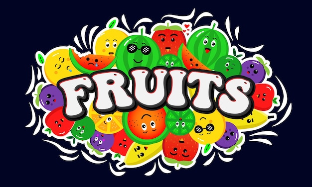 Doodle Fruits Vector Ilustration con efecto de texto 3D para T-SHIRT. Conjunto de garabatos de croquis. estilo de dibujos animados