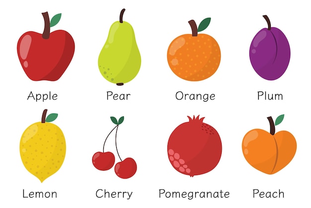 Doodle frutas en estilo de dibujos animados. Colección con manzana dibujada a mano, pera, naranja, ciruela, limón