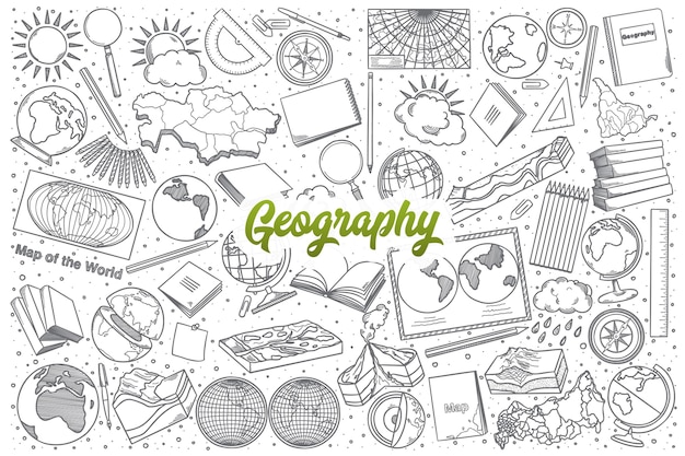 Doodle de geografía dibujado a mano establecer fondo con letras verdes