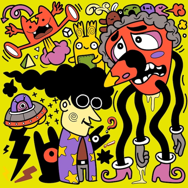 Doodle un grupo de personajes de dibujos animados en un estilo de dibujos animados al estilo del vibrante neoexpresionismo línea dinámica trabajo criaturas de pesadilla rescatar punk azul claro y naranja Ilustración Vector