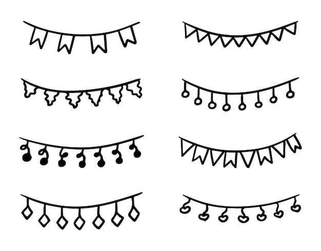 Doodle guirlanda conjunto vectorial dibujado a mano fiesta bunting guirlanda de cumpleaños de banderas de diferentes formas