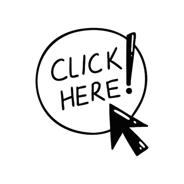 Doodle haga clic aquí en el botón Icono del cursor del boceto dibujado a mano Registro del sitio web