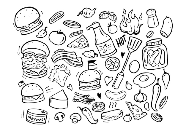 Vector doodle hamburguesa elementos de comida rápida