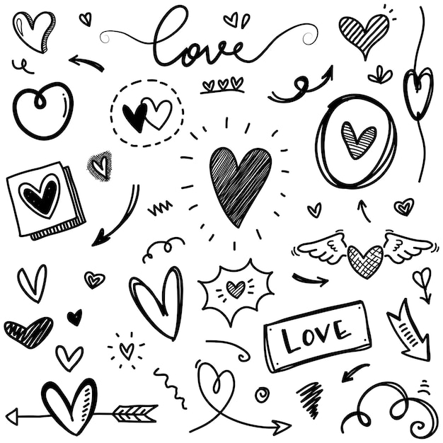 Doodle Hearts corazones de amor dibujados a mano ilustración vectorial