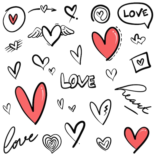 Doodle Hearts corazones de amor dibujados a mano ilustración vectorial