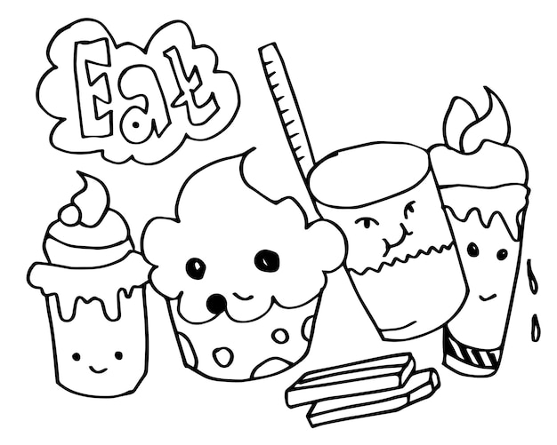 Doodle de helado y diseños de insignias en estilo plano Ilustración de stock vectorial