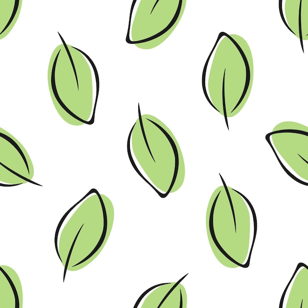 Doodle hojas negras y verdes sobre fondo blanco patrón transparente de vector floral