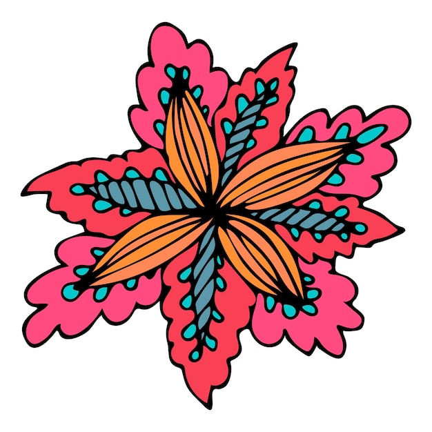 Doodle icono de flor rosa, azul, naranja en silueta aislado en blanco.