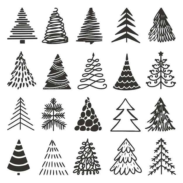 Doodle iconos de árbol de navidad negro navidad árboles dibujados en bruto lápiz abstracto elementos de invierno grunge año nuevo arte decoración abetos siluetas vectoriales neotéricas contorno de árbol de navidad navidad negro