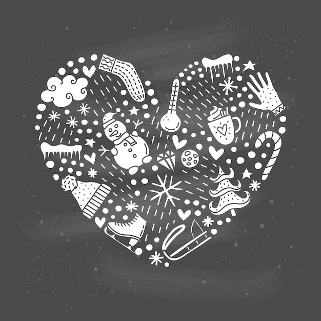 Doodle iconos de invierno en forma de corazón