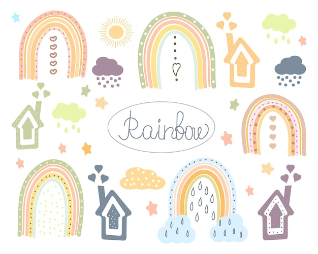 Doodle ilustración dibujada lindo arco iris multicolor sol nubes y casas