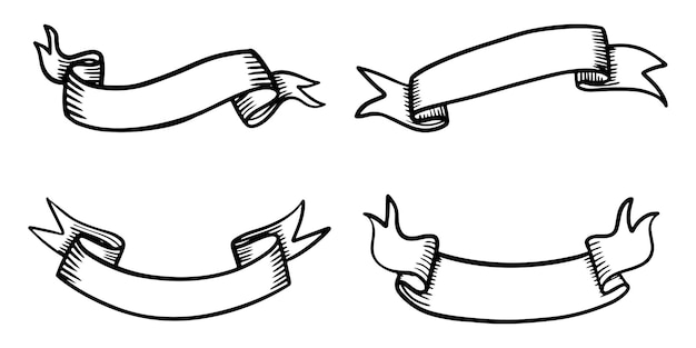 Doodle de ilustraciones de banner de cinta aisladas sobre fondo blanco. Ilustración de vector dibujado a mano.