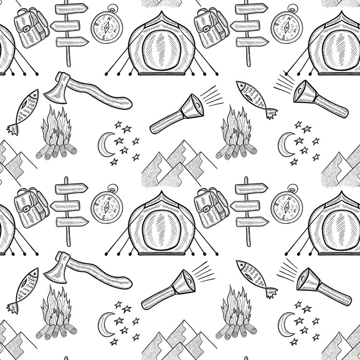 Vector doodle inconsútil de camping