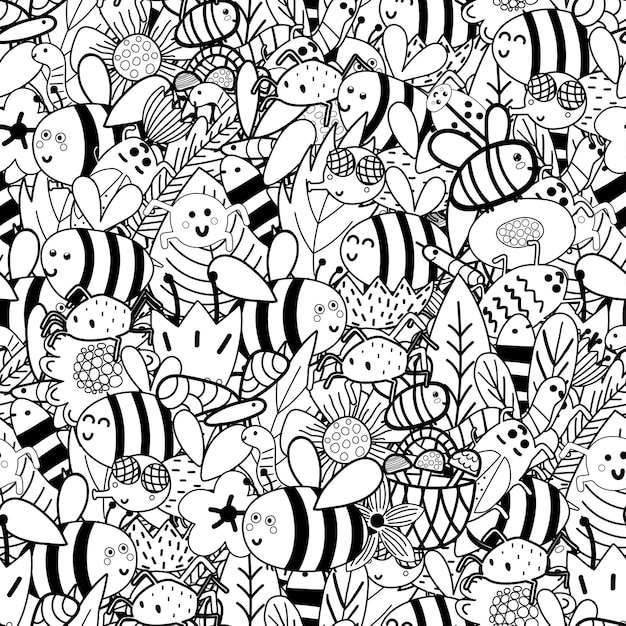 Doodle insectos patrones sin fisuras en blanco y negro: abejas, moscas, insectos, arañas, gusanos, hojas, flores.