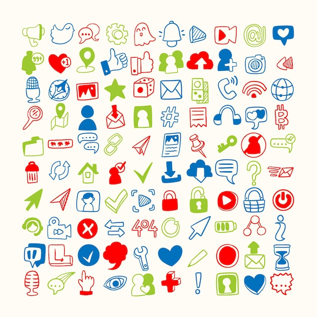 Doodle internet icono y forma Colección de conjuntos de redes sociales de vector aislado dibujado a mano