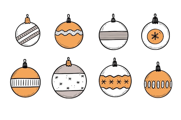 Doodle juego de bolas de Navidad. Estilo de boceto dibujado a mano. Adorno navideño de color con línea negra. Ilustración de vector aislado.