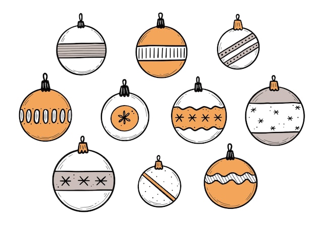 Doodle juego de bolas de Navidad. Estilo de boceto dibujado a mano. Adorno navideño de color con línea negra. Ilustración de vector aislado.