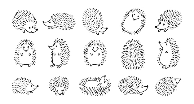 Doodle juego de erizos dibujados a mano dibujado a mano colección de erizos adorables dibujo de contorno para niños